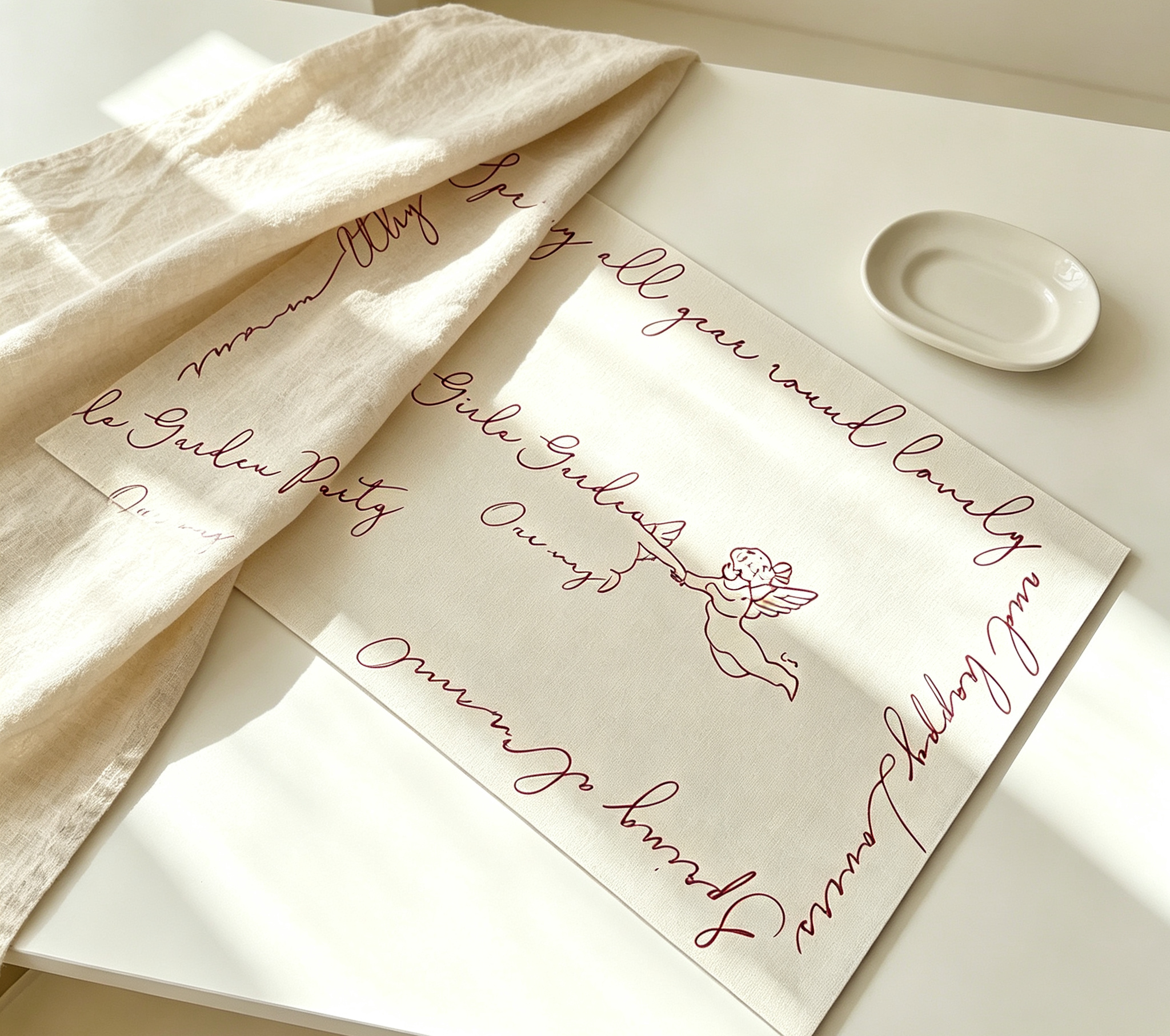 Vintage South France Hand-Drawn Angel Leather Placemat, Waterproof Oil Resistant Non-Wipe Clean Table Pad, Cream Style Decor Table Mat