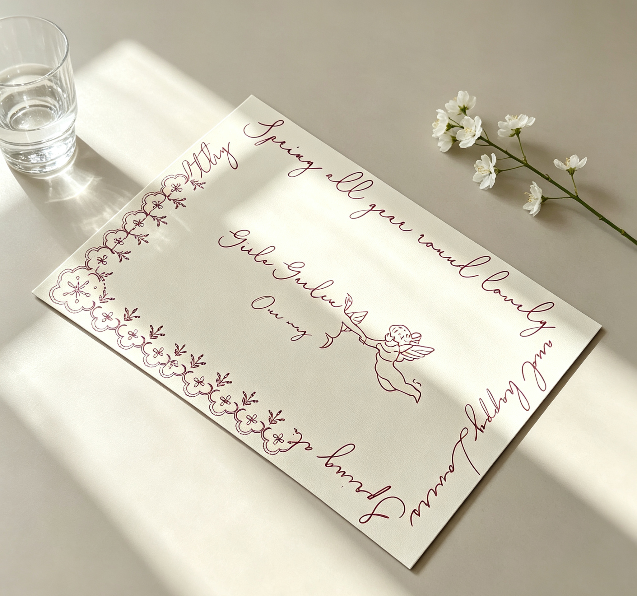 Vintage South France Hand-Drawn Angel Leather Placemat, Waterproof Oil Resistant Non-Wipe Clean Table Pad, Cream Style Decor Table Mat