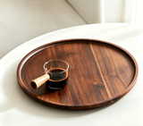 Japanese Round Solid Wood Tray, Walnut Tea Serving Platter, Coffee Shop Dessert Cake Plate Multi-Purpose Storage Wooden Tray for Home
