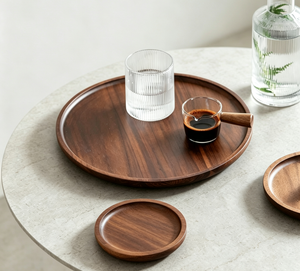 Japanese Round Solid Wood Tray, Walnut Tea Serving Platter, Coffee Shop Dessert Cake Plate Multi-Purpose Storage Wooden Tray for Home